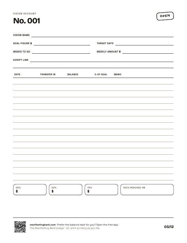A vision account page with figure, date, weekly amount and running balance