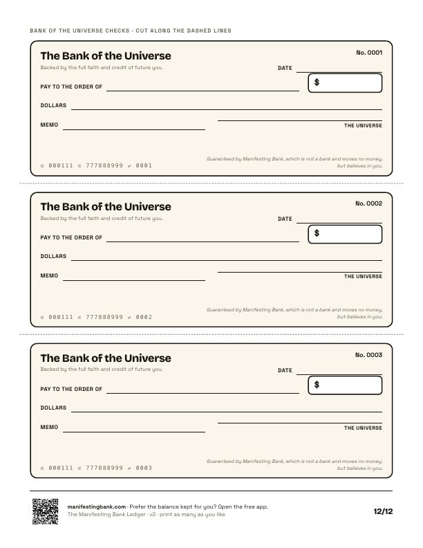 A sheet of three Bank of the Universe checks